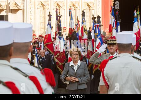 The wife of Late French veteran Helie Denoix de Saint-Marc pays homage to her husband as he receives military honors, on August, 30, 2013, during his funeral ceremony at the Saint-Jean Cathedral, in Lyon. Helie Denoix de Saint-Marc was a member of the French Resistance, deported to the Buchenwald camp during WWII, who fought during Indochina (1945-54) and Algeria (1954-61) wars. He was jailed after the 1961 putsch in Algiers. Helie Denoix de Saint-Marc died at the age of 91 on August 25, 2013 Stock Photo