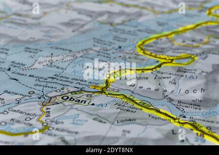 Detail of a road map of scotland marked with text marker area Oban Stock Photo