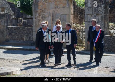 German President Joachim Gauck, French President Francois Hollande and survivor of the massacre in Oradour-sur-Glane during World War II Robert Hebras are pictured at the memorial site in Oradour-sur-Glane, France on September 4, 2013. A unit of SS officers murdered 642 citizens of the town in June 1944. The German President is on a three-day visit to France. Photo by Florent Dupuy/Pool/ABACAPRESS.COM Stock Photo