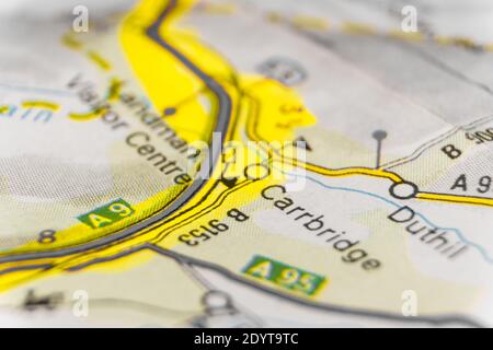 Detail of a road map of scotland marked with text marker area carrbridge Stock Photo