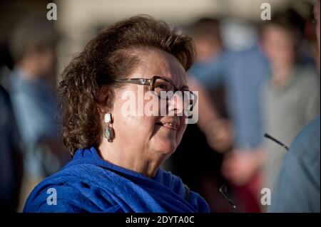 Former leader of the French Christian Democratic (PCD) party and former right-wing party UMP minister Christine Boutin and other French people stand alongside Syrians who support the regime of Syrian President Bashar al-Assad as they take part in a demonstration against US and French intervention in the conflict, at the Trocadero in Paris, France on September 3, 2013. Meanwhile the UN High Commissioner for Refugees said today that more than two million Syrians have fled Syria and some 4.2 million have been displaced internally by the 29-month long conflict which has already claimed 110 000 liv Stock Photo