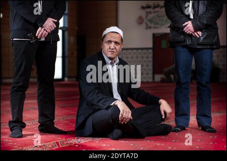 File picture of President of the Islamic cultrual association of Drancy Imam Hassen Chalghoumi posing in Dancy's mosque in Drancy, France on February 11, 2013. Imam Hassen Chalghoumi, returning from a trip to Tunisia, where he says he was attacked, reportedly suffered a heart attack and hospitalized Tuesday, September 3, 2013 in Saint-Mande, near Paris. He arrived in Tunisia on the night of Monday to Tuesday, and would have felt unwell on Tuesday morning. He transported to the army hospital of Begin, Saint-Mande. Photo by Renaud Khanh/ABACAPRESS.COM Stock Photo