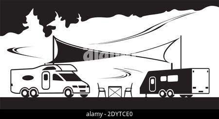 Caravan and camper with shed on camping - vector illustration Stock Vector