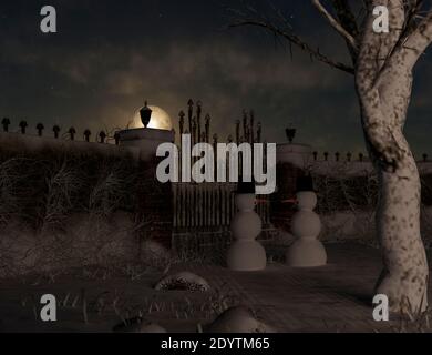 Two Christmas Snowmen are celebrating Christmas near a park - 3d rendering Stock Photo