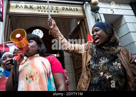 Park Hyatt Hotel chambermaids, baggage handlers and service staff demonstrate against work conditions and being subcontracted, demanding to be hired by the luxury hotel in Paris, France on September 24, 2013. Photo by Nicolas Messyasz/ABACAPRESS.COM Stock Photo