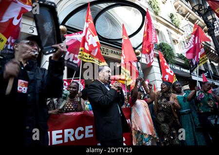 Park Hyatt Hotel chambermaids, baggage handlers and service staff demonstrate against work conditions and being subcontracted, demanding to be hired by the luxury hotel in Paris, France on September 24, 2013. Photo by Nicolas Messyasz/ABACAPRESS.COM Stock Photo