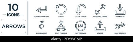 arrows linear icon set. includes thin line curved down left arrow, u turn arrow, download, split triangle, upload, loop arrows, roundabout icons for r Stock Vector