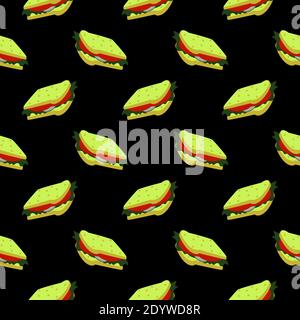 Small burgers,seamless pattern on black background. Stock Vector