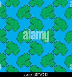 Green broccoli,seamless pattern on blue background. Stock Vector