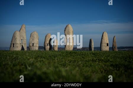 Standing stone granite sculptures art installation menhir park in A Coruna Galicia in Spain Stock Photo