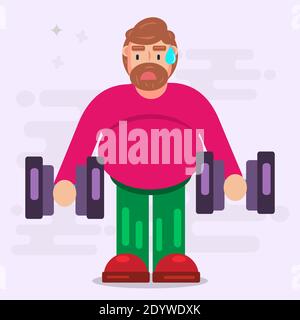 fat man trying hard to workout vector illustration in flat style Stock Vector