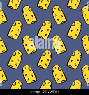 Cheese slices,seamless pattern on dark purple background. Stock Vector