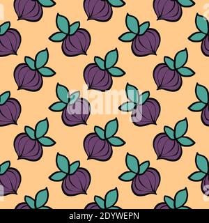 Purple fig,seamless pattern on orange background. Stock Vector