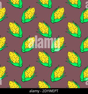 Corn cob,seamless pattern on brown background. Stock Vector