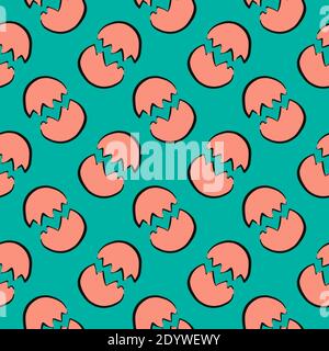 Cracked egg in half,seamless pattern on dark green background. Stock Vector