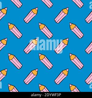 Pink pencil,seamless pattern on blue background. Stock Vector