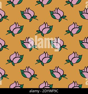 Pink rose,seamless pattern on yellow background. Stock Vector