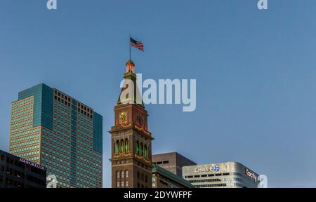 Denver, Colorado - December 24, 2020: View of Daniels & Fisher Tower and Denver skyline on Christmas Eve. Stock Photo