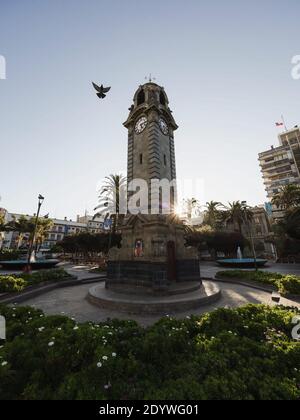 Torre Reloj clock tower on central square Plaza Colon park in city center of Antofagasta in Chile Stock Photo