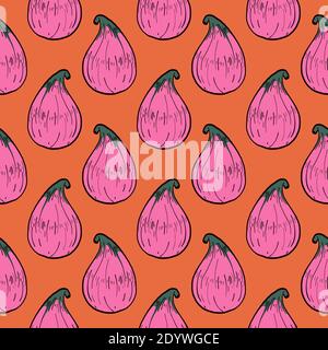 Pink fig,seamless pattern on orange background. Stock Vector