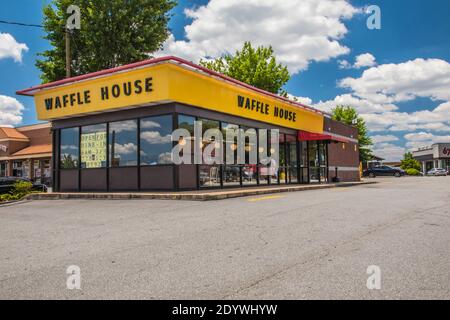 Gwinnett, County USA - 05 31 20: Waffle House in Snellville on Scenic Hwy corner view Stock Photo