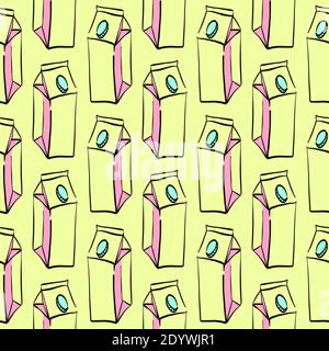 Big carton of milk,seamless pattern on yellow background. Stock Vector