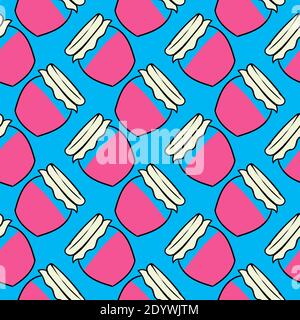 Jar with pink jam,seamless pattern on blue background. Stock Vector