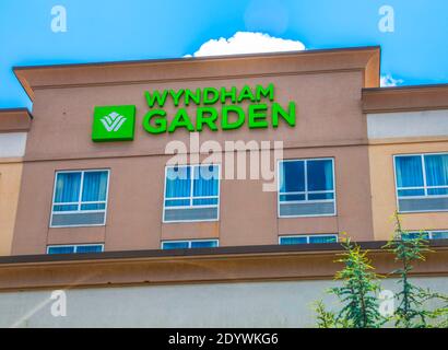 Gwinnett, County USA - 05 31 20: Wyndham Garden hotel building sign and logo Stock Photo