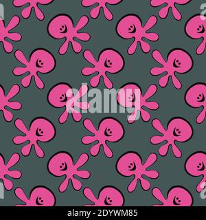 Cute pink squid,seamless pattern on dark grey background. Stock Vector