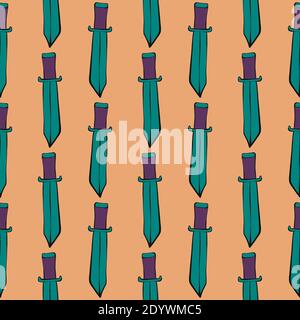 Green swords,seamless pattern on orange background. Stock Vector