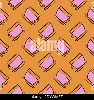 Pink tea,seamless pattern on orange background. Stock Vector