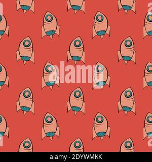 Flying spaceship,seamless pattern on red background. Stock Vector