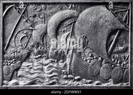 Vintage antique wood carving entitled King Gunnar's Fleet by the swedish-amercan woodcarver Karl von Rydingsvärd Stock Photo