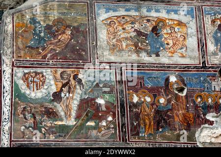 Frescoes featuring images of Jesus Christ on the wall of the Rock Church at Sumela Monastery which is located in Trabzon Province, Turkey. Stock Photo