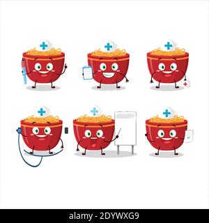 Doctor profession emoticon with bowl of noodles cartoon character. Vector illustration Stock Vector