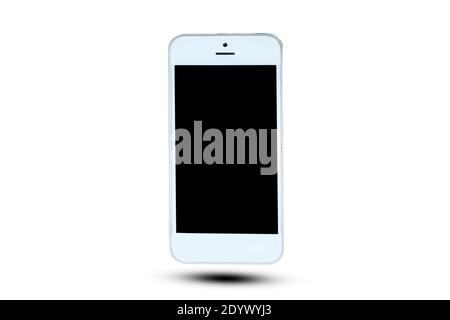 Smartphone on white background black color blank close-up communication connection Copy Space cut out device screen electrical equipment global commun Stock Photo