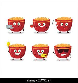 Bowl of noodles cartoon character with various types of business emoticons. Vector illustration Stock Vector