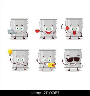 Grey paint bucket cartoon character with various types of business emoticons. Vector illustration Stock Vector