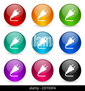 Plug vector icons, set of colorful glossy 3d rendering ball buttons in 9 color options Stock Vector