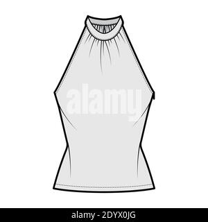 Top banded high neck halter tank technical fashion illustration with wrap, slim fit, tunic length. Flat apparel outwear template front, grey color. Women men unisex CAD mockup Stock Vector