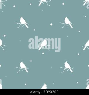 seamless winter pattern with snowflakes and red birds cardinals. vector flat Christmas ornament on blue background. winter birdy cute texture. Holiday Stock Vector
