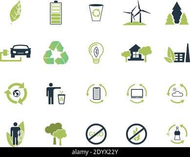 Set vector ecology icons collection in flat design two colors. Clean air, recyclable item for web design, presentations and mobile apps. Set ecology Stock Vector