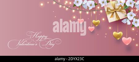 Valentine's day elegant banner with hanging hearts, a garland of light bulbs and beautiful white flowers Stock Vector