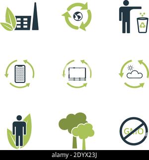 Set vector ecology icons with gree elements collection in flat design. Clean air, recyclable item for web design, presentations and mobile apps. Set Stock Vector
