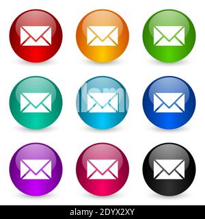 Email, envelope vector icons, set of colorful glossy 3d rendering ball buttons in 9 color options Stock Vector