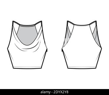 Tank low cowl Crop Camisole technical fashion illustration with thin adjustable straps, slim fit, waist length. Flat outwear top template front, back, white color. Women men unisex CAD mockup Stock Vector