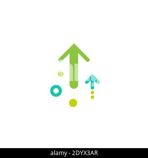 three green arrows up with dots on white background. Launch, upgraid icon. Creative project start, business advance, breakthrough sign. Fast growth sy Stock Vector