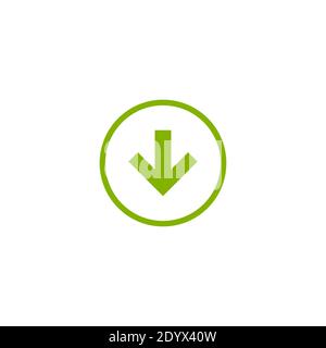 green squared arrow down in green circle icon. flat download sign isolated on white. point down button. south sign. Stock Vector