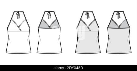Top halter neck surplice tank cotton-jersey technical fashion illustration with empire seam, bow, oversized, tunic length. Flat outwear template front, back, white, grey color. Women men CAD mockup Stock Vector