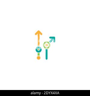 blue and green arrows up with dots and circles. icon isolated on white background. Launch, upgraid icon. start, business advance, breakthrough sign. F Stock Vector